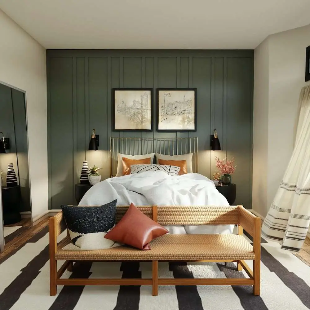  a bedroom with bold hues. 