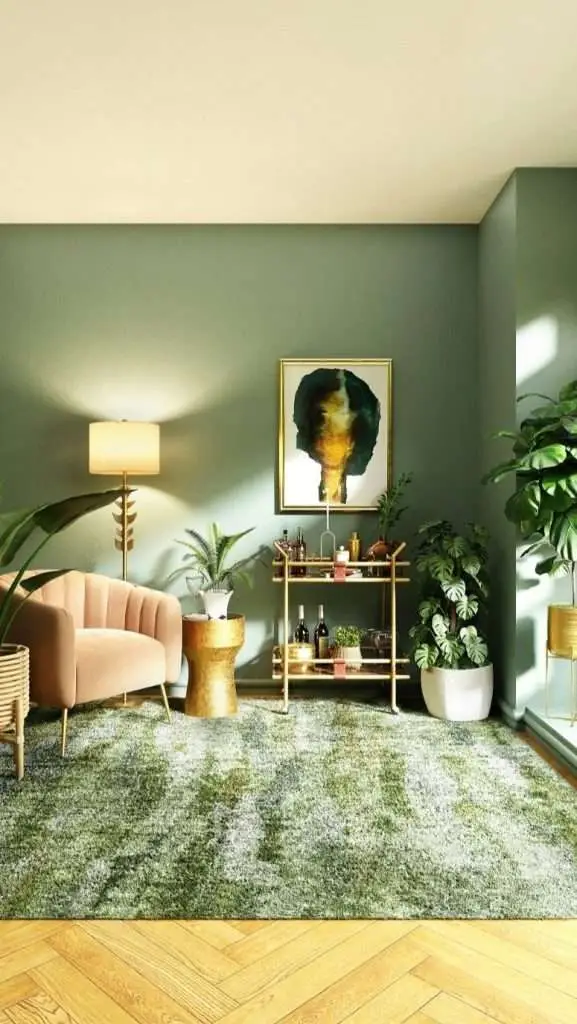 a room with a pastel green wall.