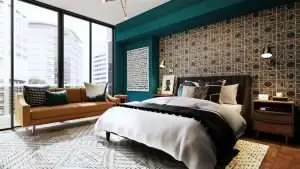 a bedroom with glass windows.