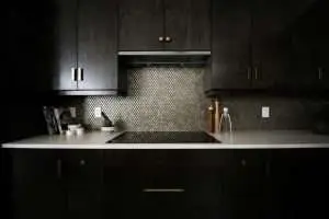 black cabinetry in a kitchen space.